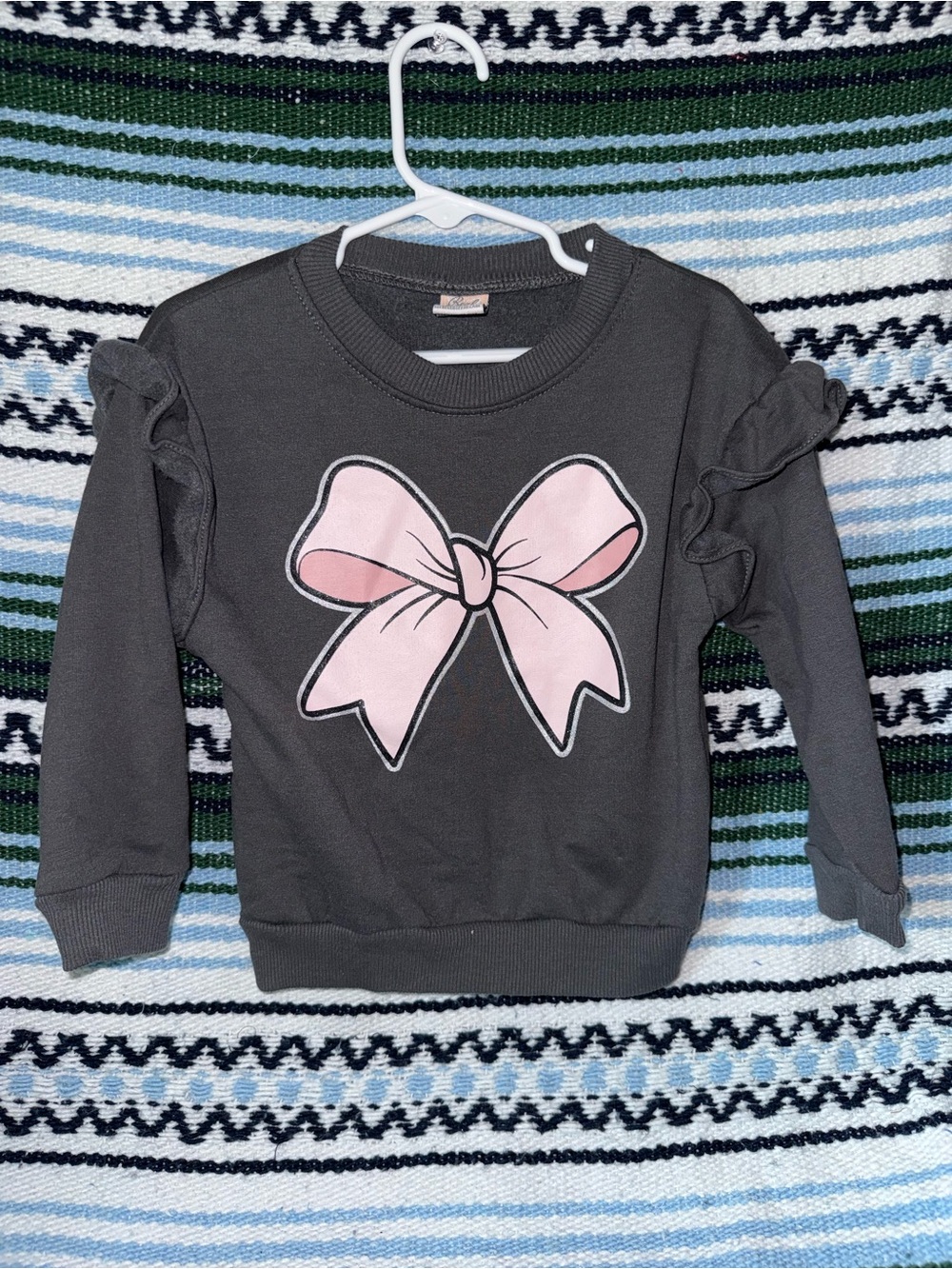 Girls Charcoal Sweatshirt with Pink Bow and Ruffle Sleeves